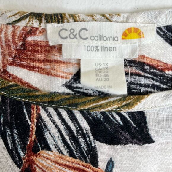 C&C California Linen Cream Tropical Flower High Low Short Sleeve Top Women 1X - Picture 6 of 11